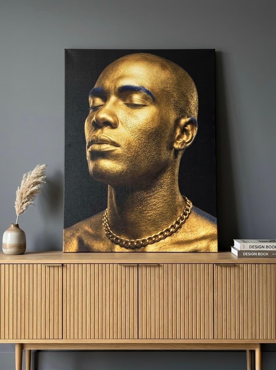 Gold King Portrait Canvas Wall Art | Editorial Metallic Black Decor | Luxury Bold Art Gift
