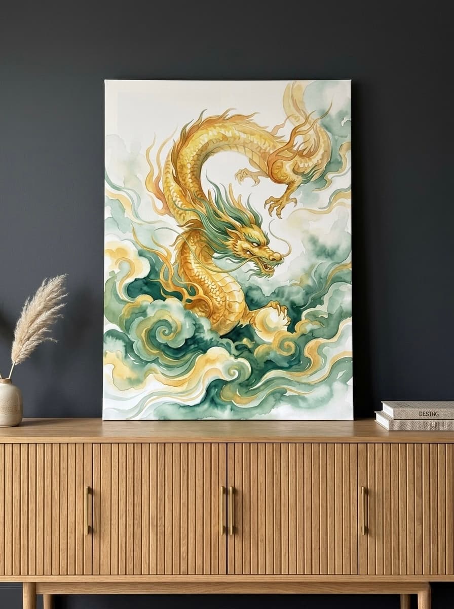 Golden Dragon Canvas Wall Art | Chinese Watercolor Painting Print | Jade Gold Feng Shui Decor | Asian Heritage Art