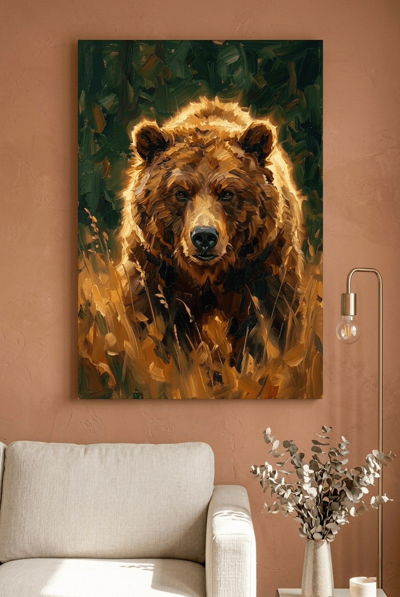 Golden Grizzly Bear Canvas Wall Art | Impasto Oil Painting Print | Lodge Home Decor
