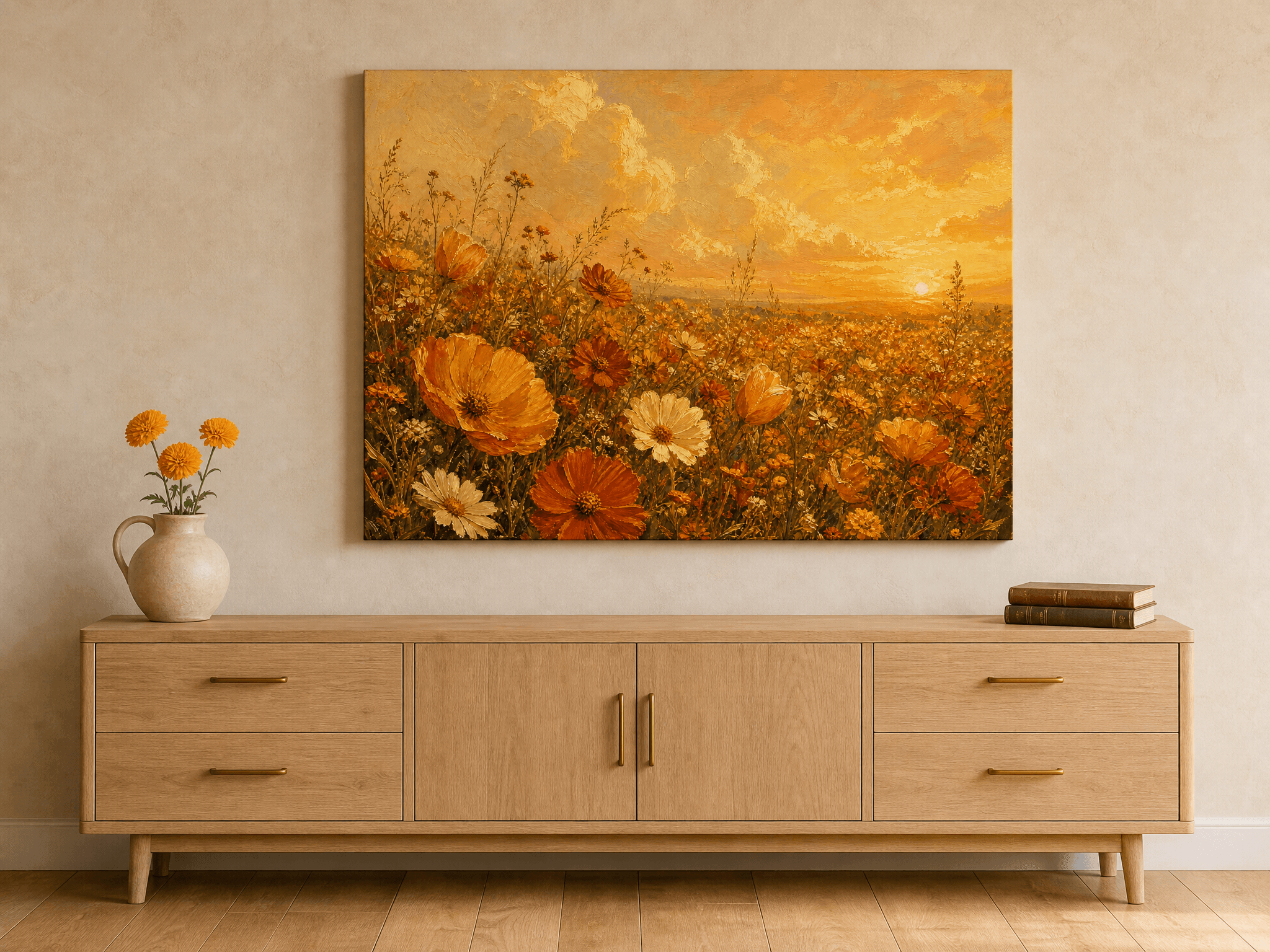 Golden Sunset Wildflower Field Canvas Wall Art | Impressionist Oil Print | Living Room Home Decor