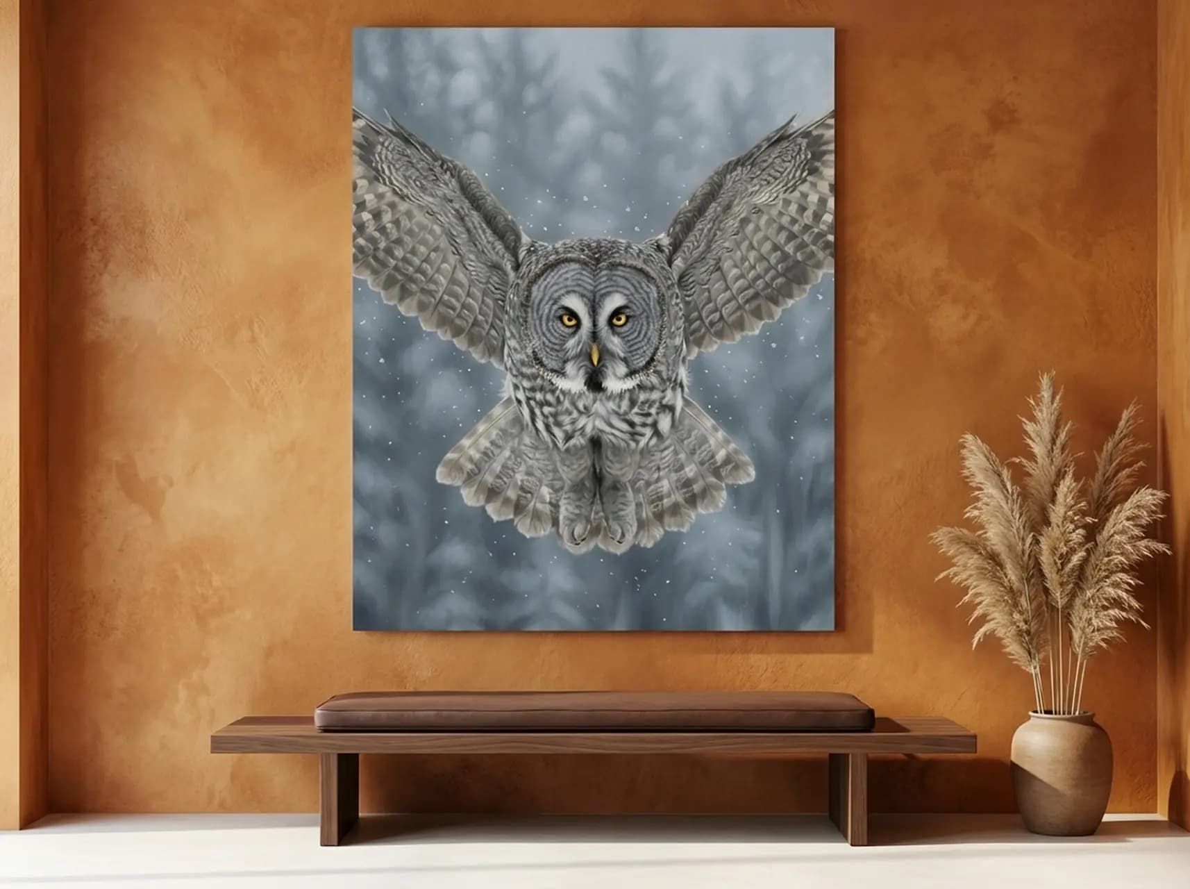Great Grey Owl Canvas Wall Art | Owl in Flight Wildlife Painting | Framed Canvas Print, Ready to Hang