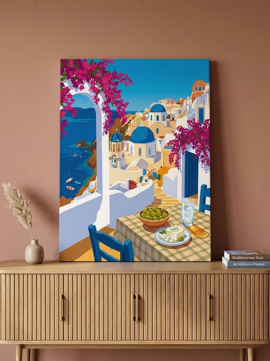 Greek Taverna Canvas Wall Art | Aegean Blue Travel Poster Print | Mediterranean Kitchen Framed Decor