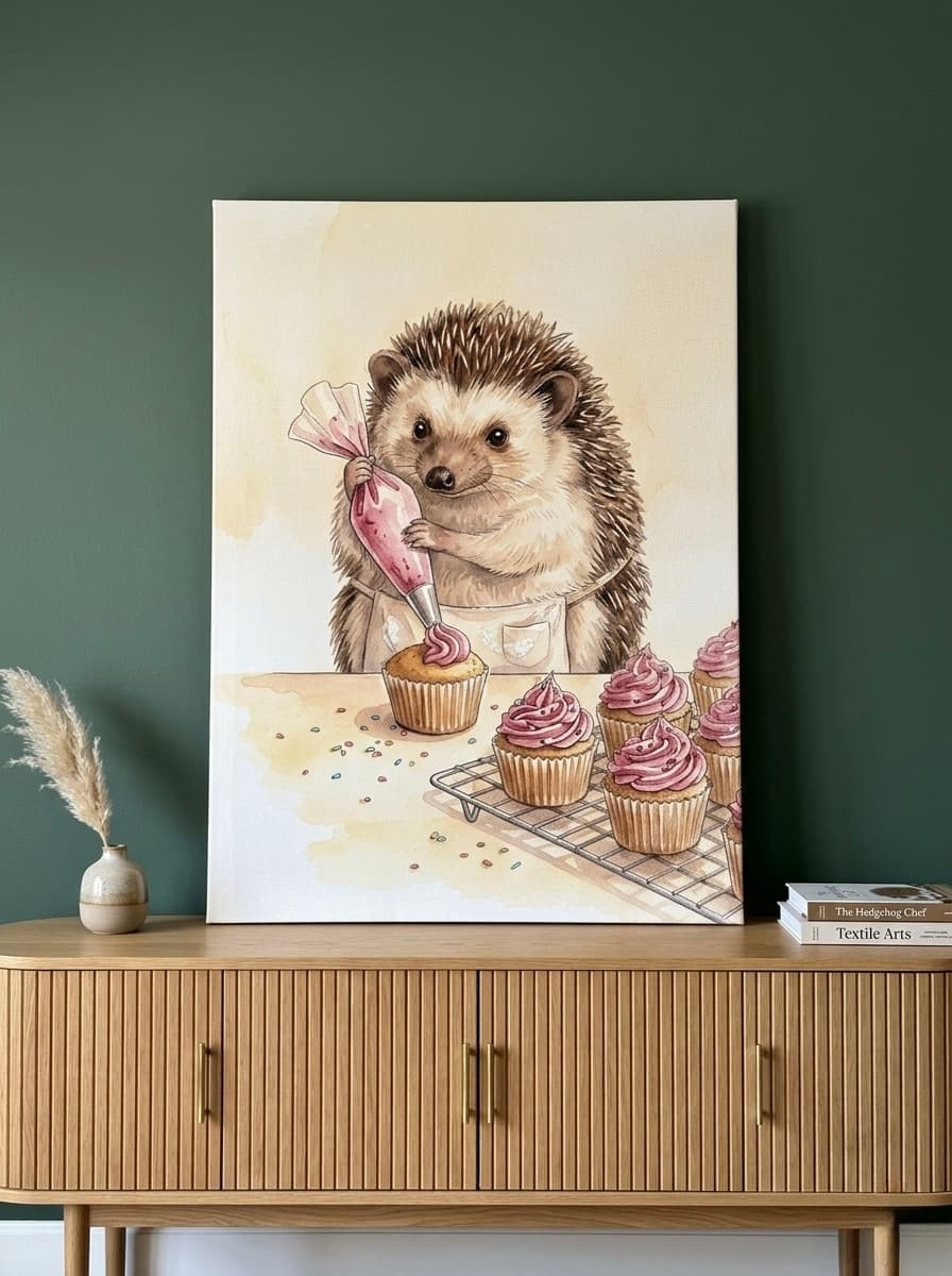 Hedgehog Baking Cupcakes Canvas Wall Art | Watercolor Kitchen Print | Cottage Dining Framed Decor