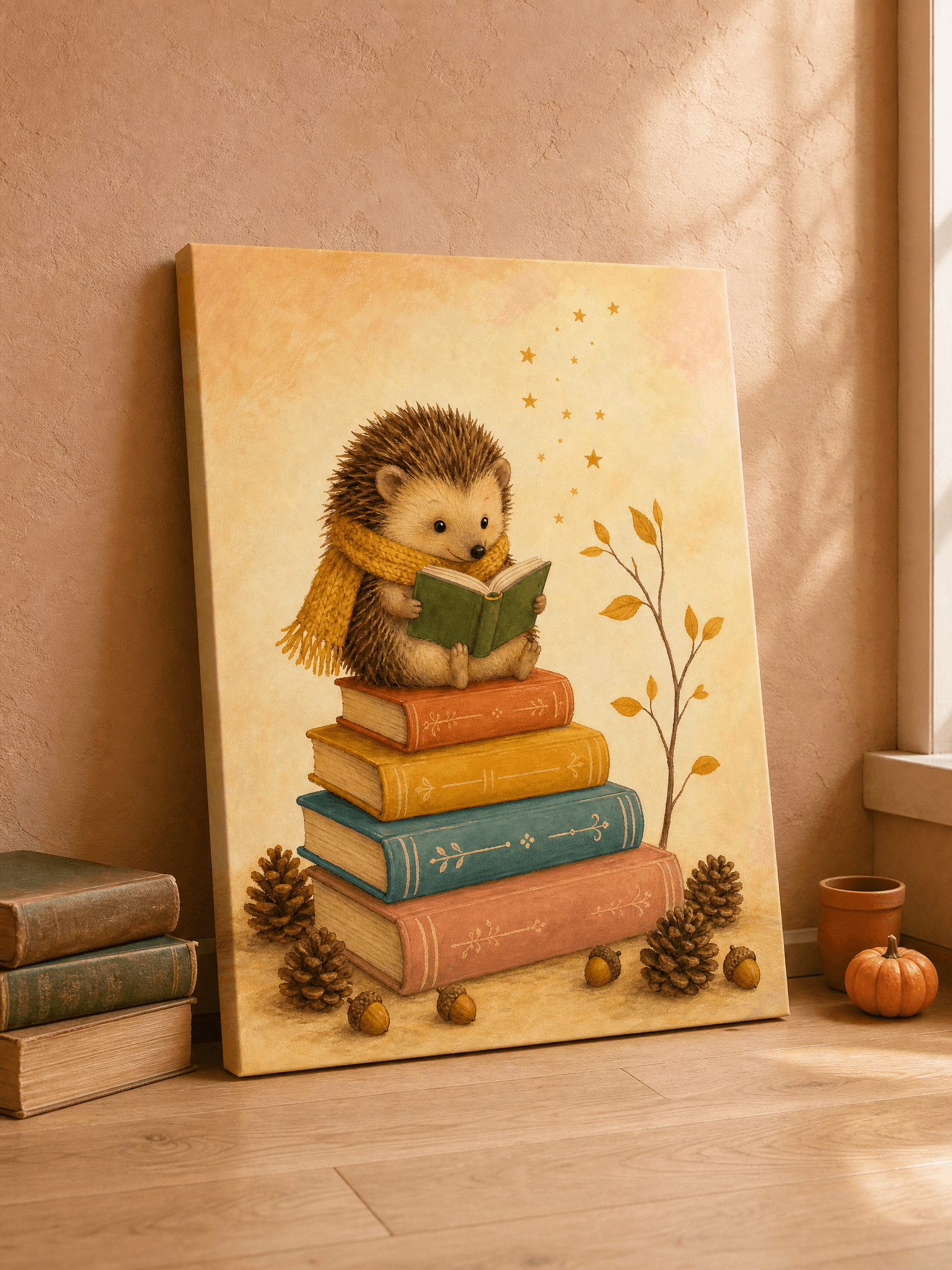 Hedgehog Reading Books Canvas Wall Art | Cozy Nursery Print | Reading Nook Home Decor
