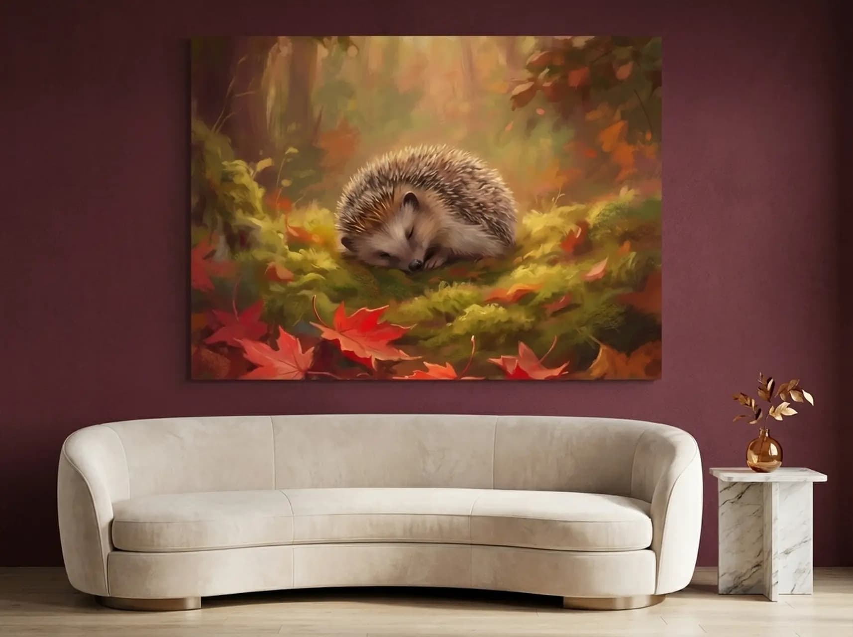 Hedgehog Canvas Wall Art | Sleeping Hedgehog Autumn Forest Painting | Framed Canvas Print, Ready to Hang