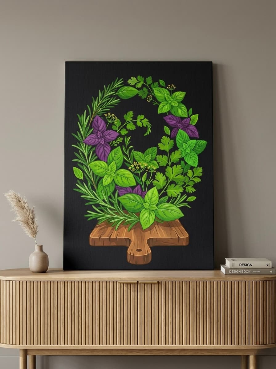 Herb Spiral Garden Canvas Wall Art | Graphic Kitchen Print | French Country Dining Framed Decor