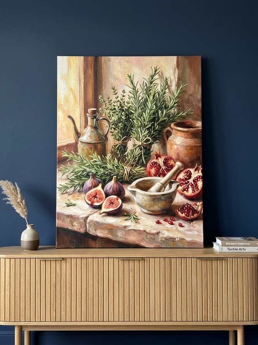 Herbs and Figs Still Life Canvas Wall Art | Impressionist Kitchen Decor | Dining Room Framed Print
