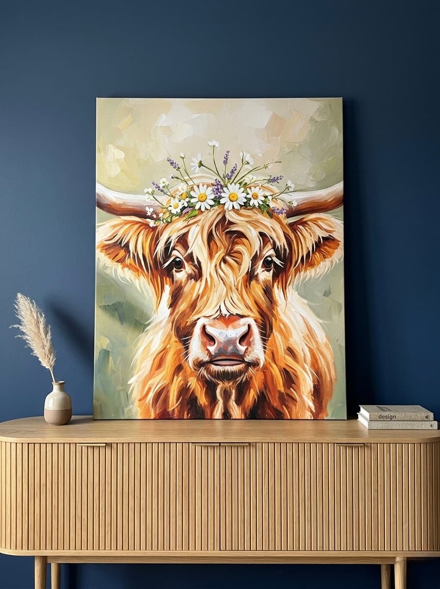 Highland Cow Canvas Wall Art | Impressionist Oil Painting Framed Print | Farmhouse Living Room Decor | Nature Lover Gift