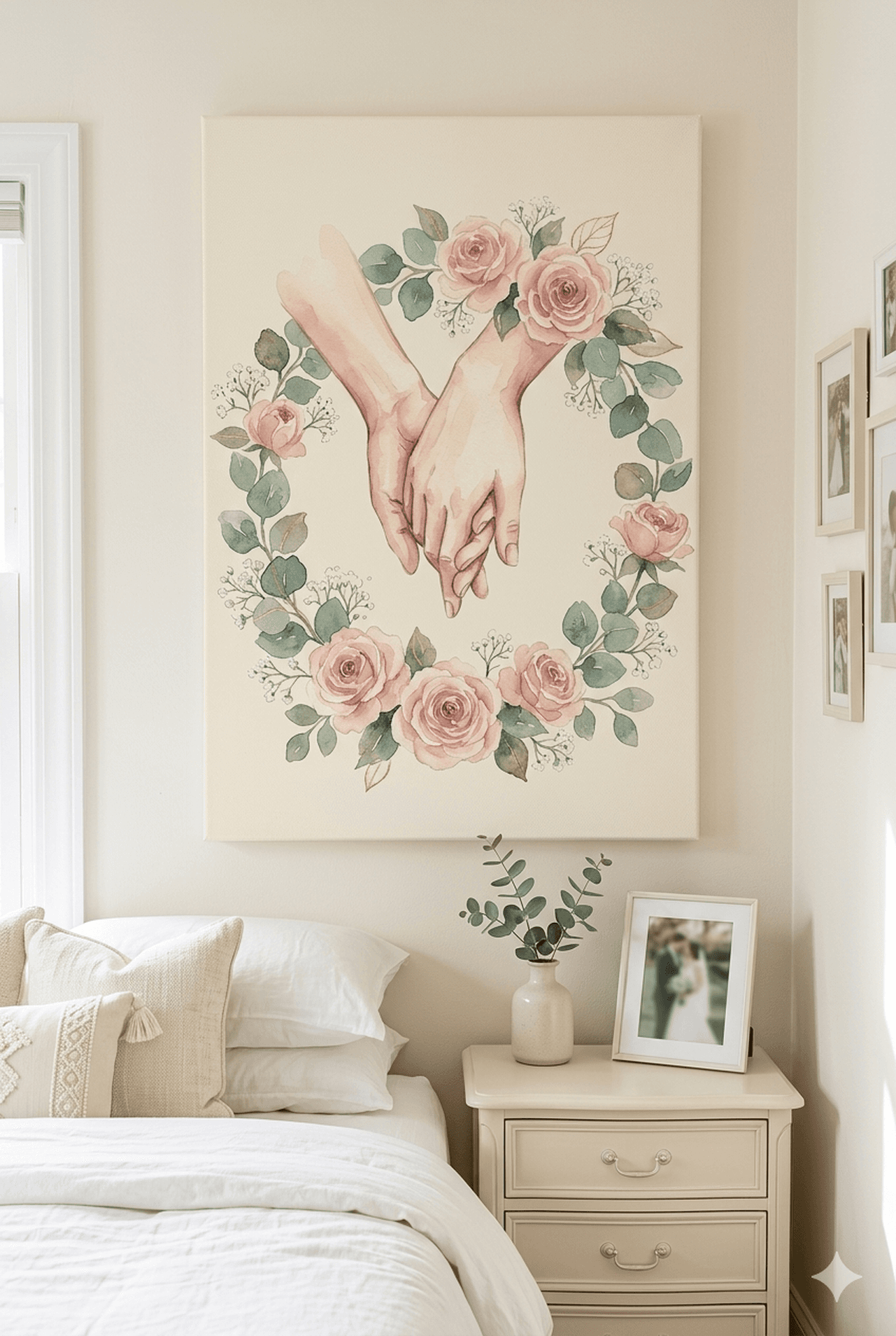 Holding Hands Roses Canvas Wall Art | Romantic Watercolor Framed Print | Bedroom Home Decor