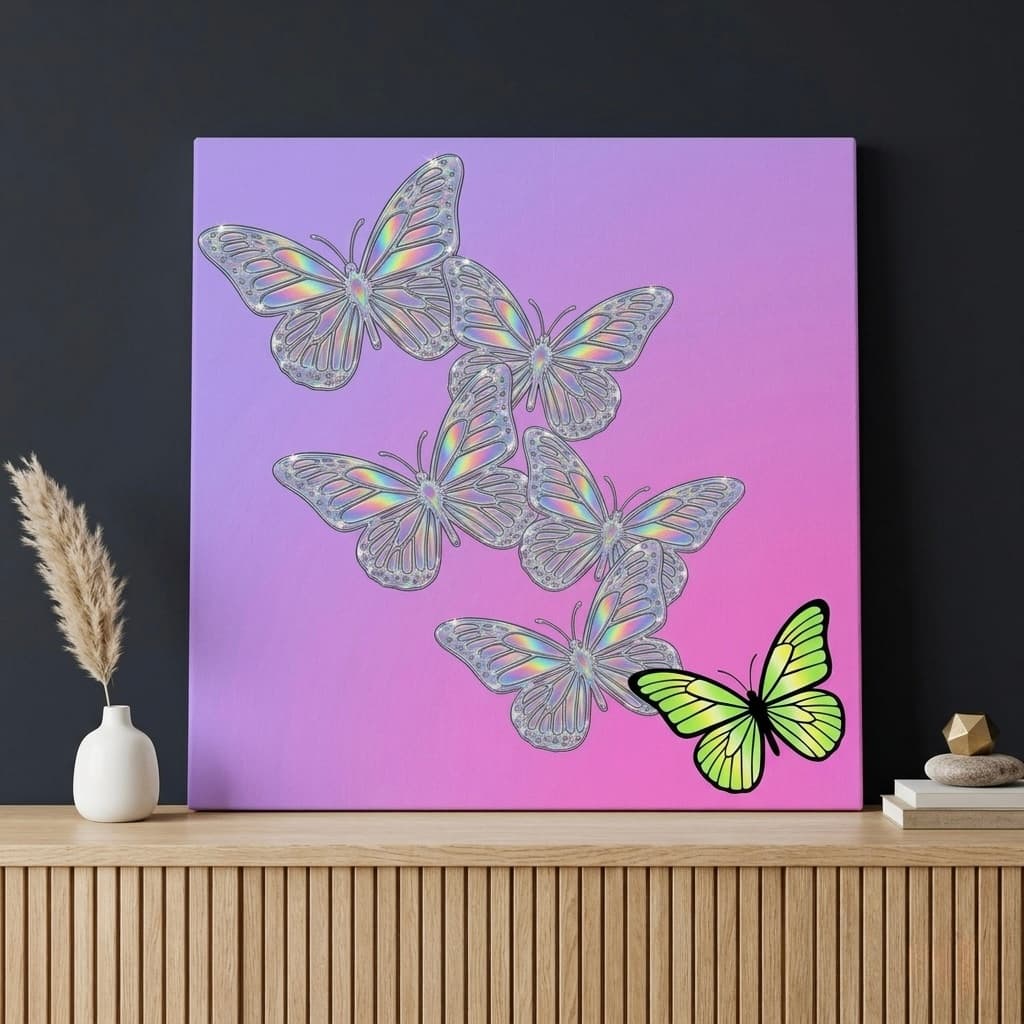 Holographic Butterfly Canvas Wall Art | Iridescent Purple Pink Framed Print | Bedroom Home Decor