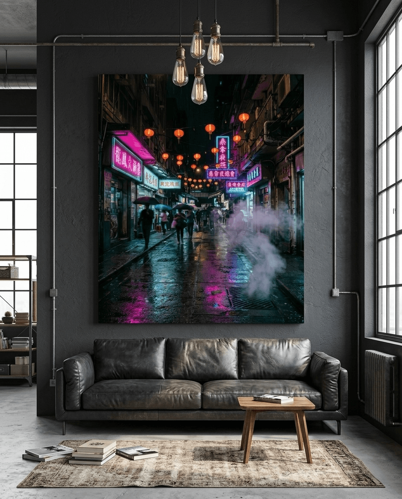 Hong Kong Neon Alleyway Canvas Wall Art | Night Photography Framed Print | Urban Home Decor