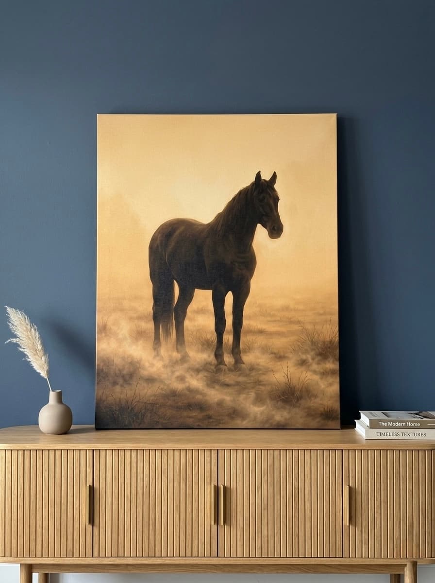 Horse Canvas Wall Art | Black Stallion Atmospheric Sepia Painting | Framed Canvas Print, Ready to Hang