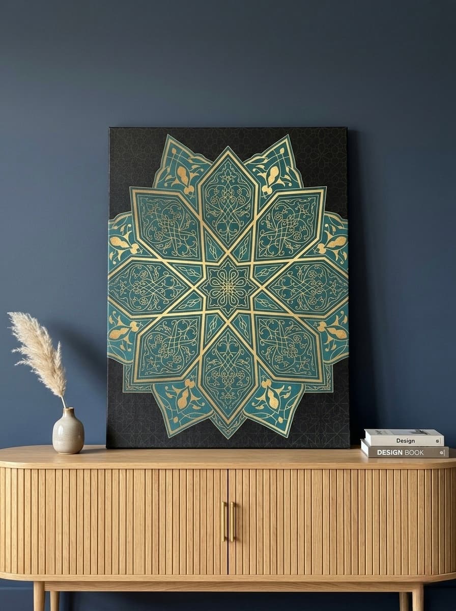 Islamic Geometric Star Canvas Wall Art | Arabesque Zellige Pattern Print | Teal Gold Decor | Moroccan Tile Art