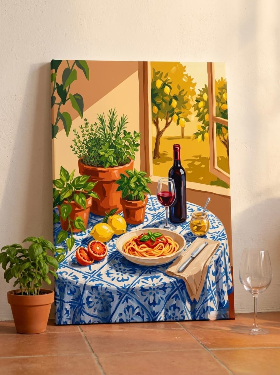 Italian Pasta Dinner Canvas Wall Art | Al Fresco Dining Framed Print | Kitchen Dining Room Decor
