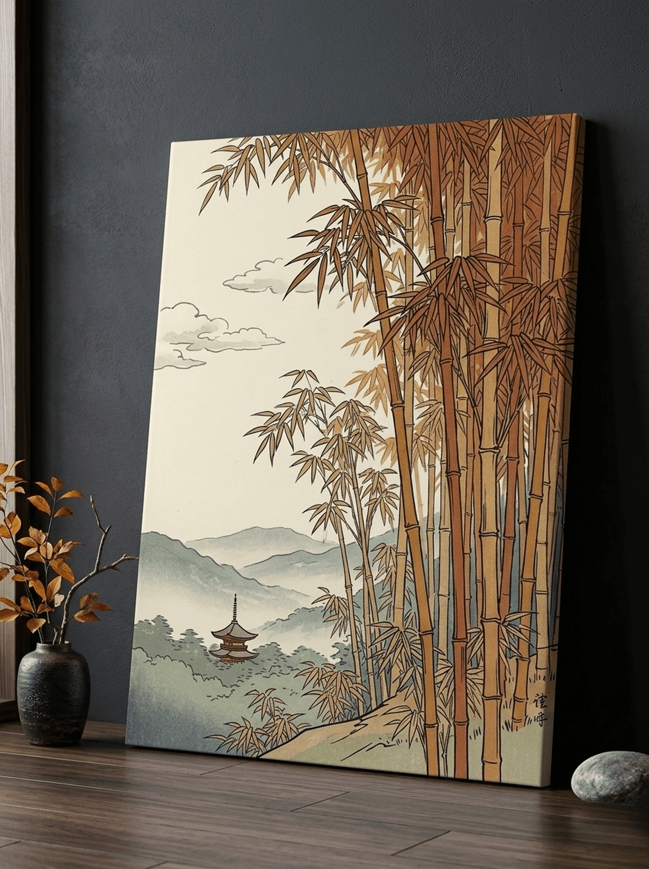 Japanese Woodblock Bamboo Canvas Wall Art | Traditional Art Framed Print | Zen Home Decor