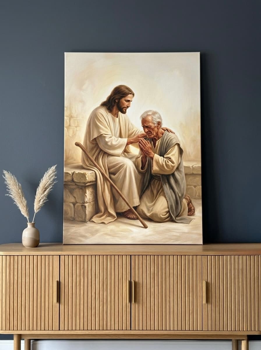 Jesus Embracing Man Canvas Wall Art | Painterly Christian Framed Print | Prayer Room Decor