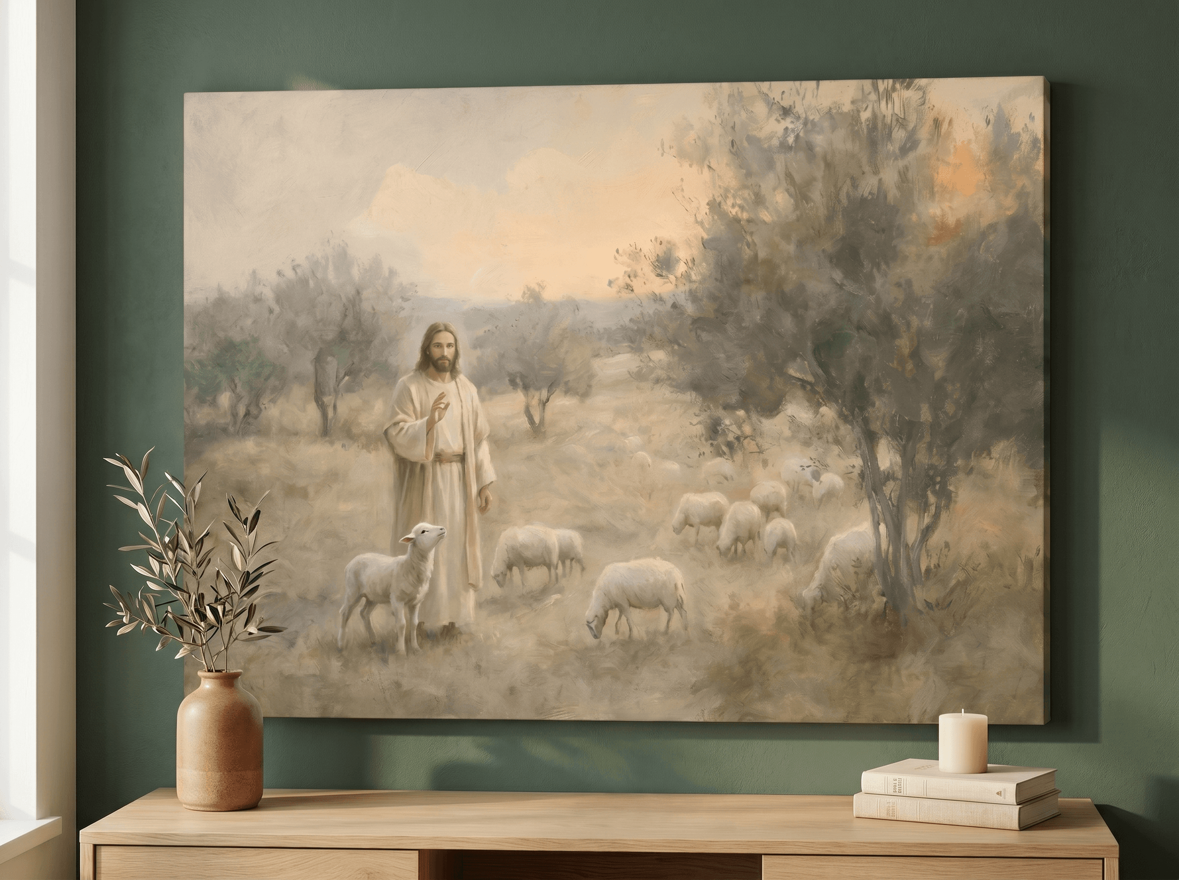 Jesus Good Shepherd Sheep Canvas Wall Art | Vintage Pastoral Christian Print | Home Decor