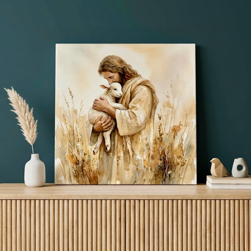 Jesus Holding a Lamb Canvas Wall Art | Spiritual Watercolor Framed Print | Faith Home Decor