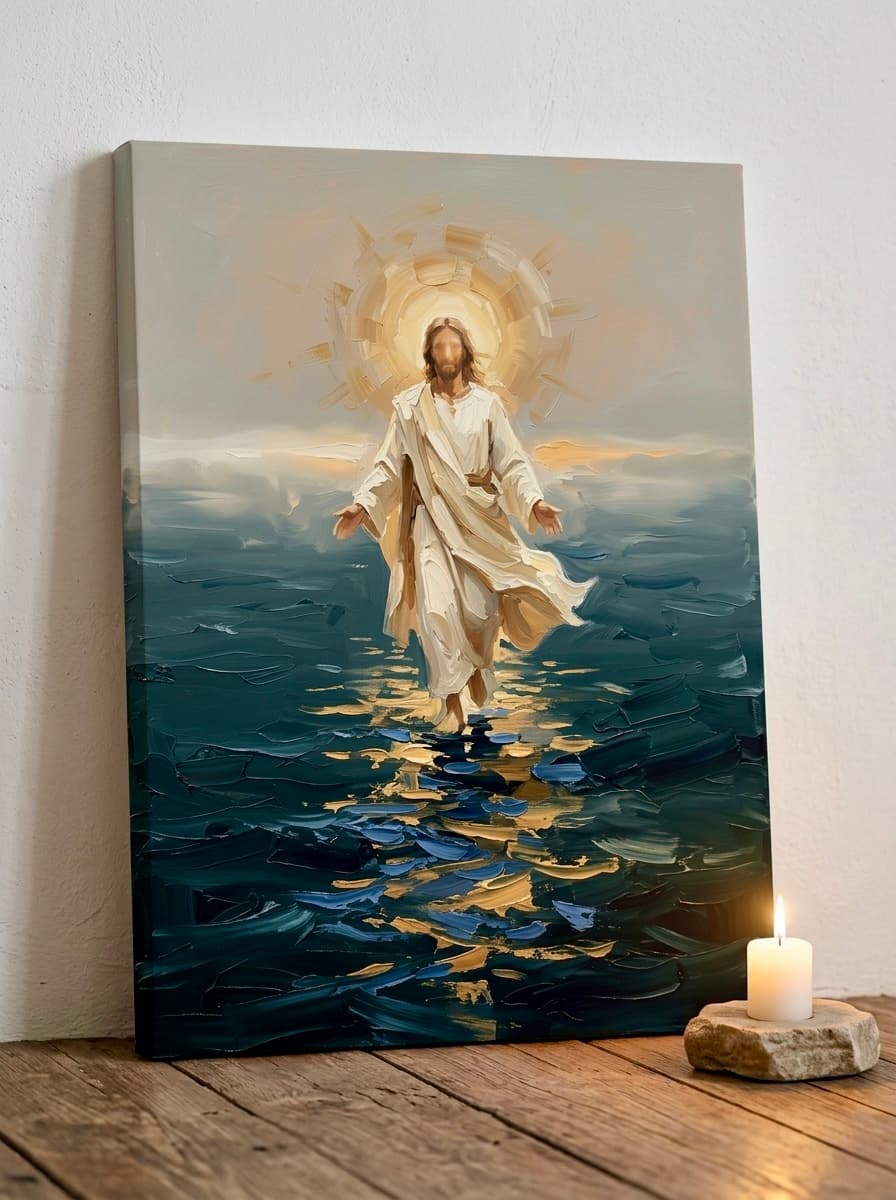 Jesus on Water Canvas Wall Art | Faith Impasto Framed Print | Living Room Home Decor