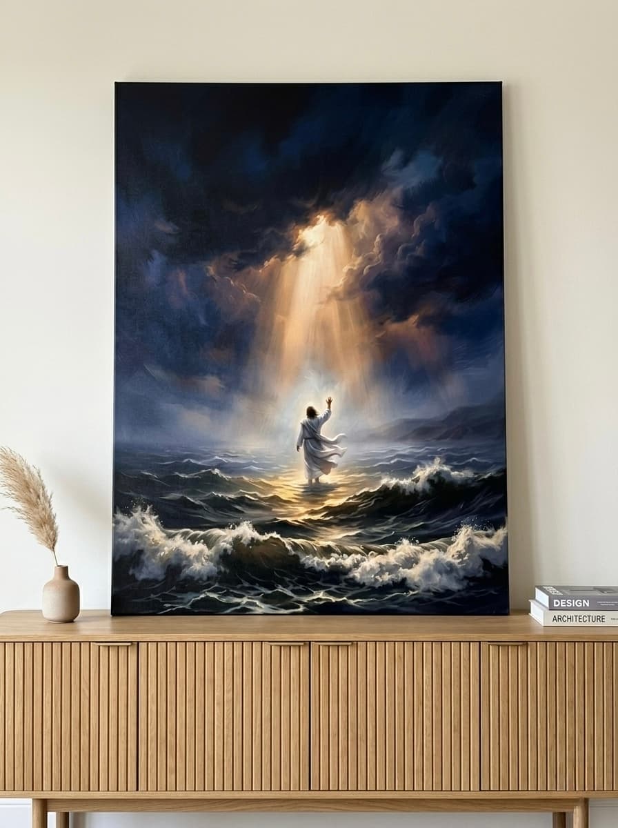 Jesus Walking on Water Canvas Wall Art | Cinematic Christian Framed Print | Faith Bedroom Decor