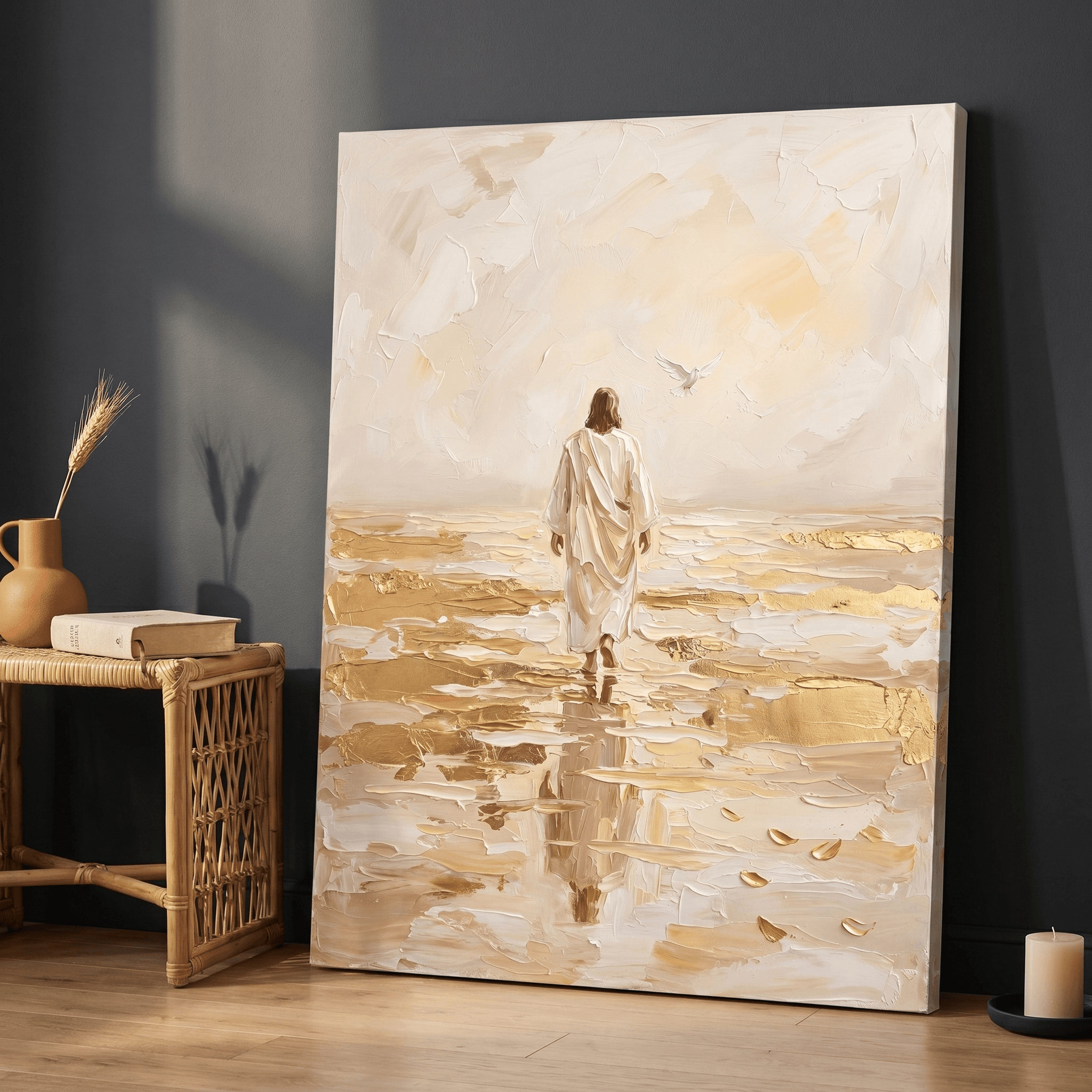 Jesus Walking On Water Canvas Wall Art | Gold Leaf Impasto Christian Print | Home Decor