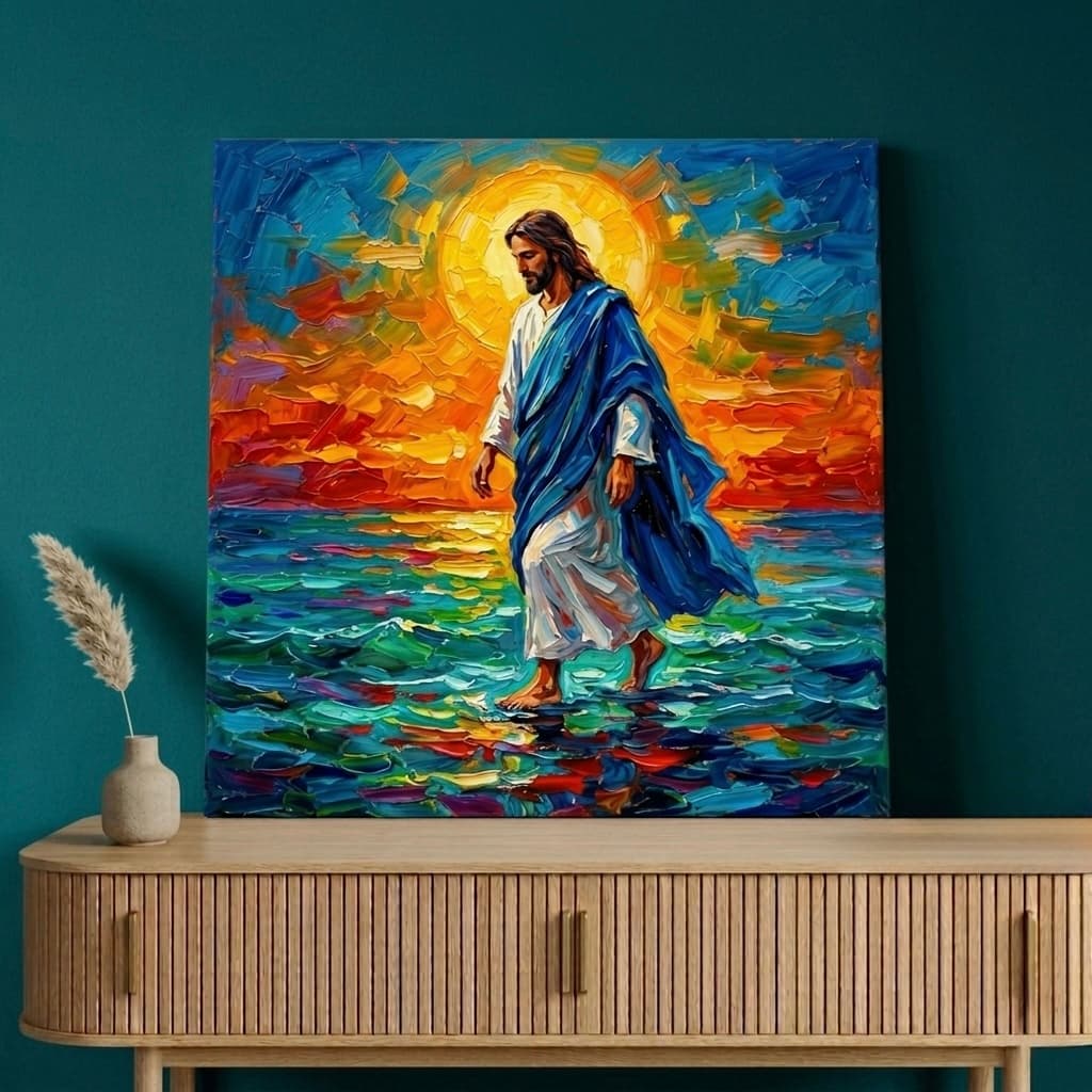 Jesus Walking on Water Canvas Wall Art | Bold Oil Painting Framed Print | Faith Home Decor
