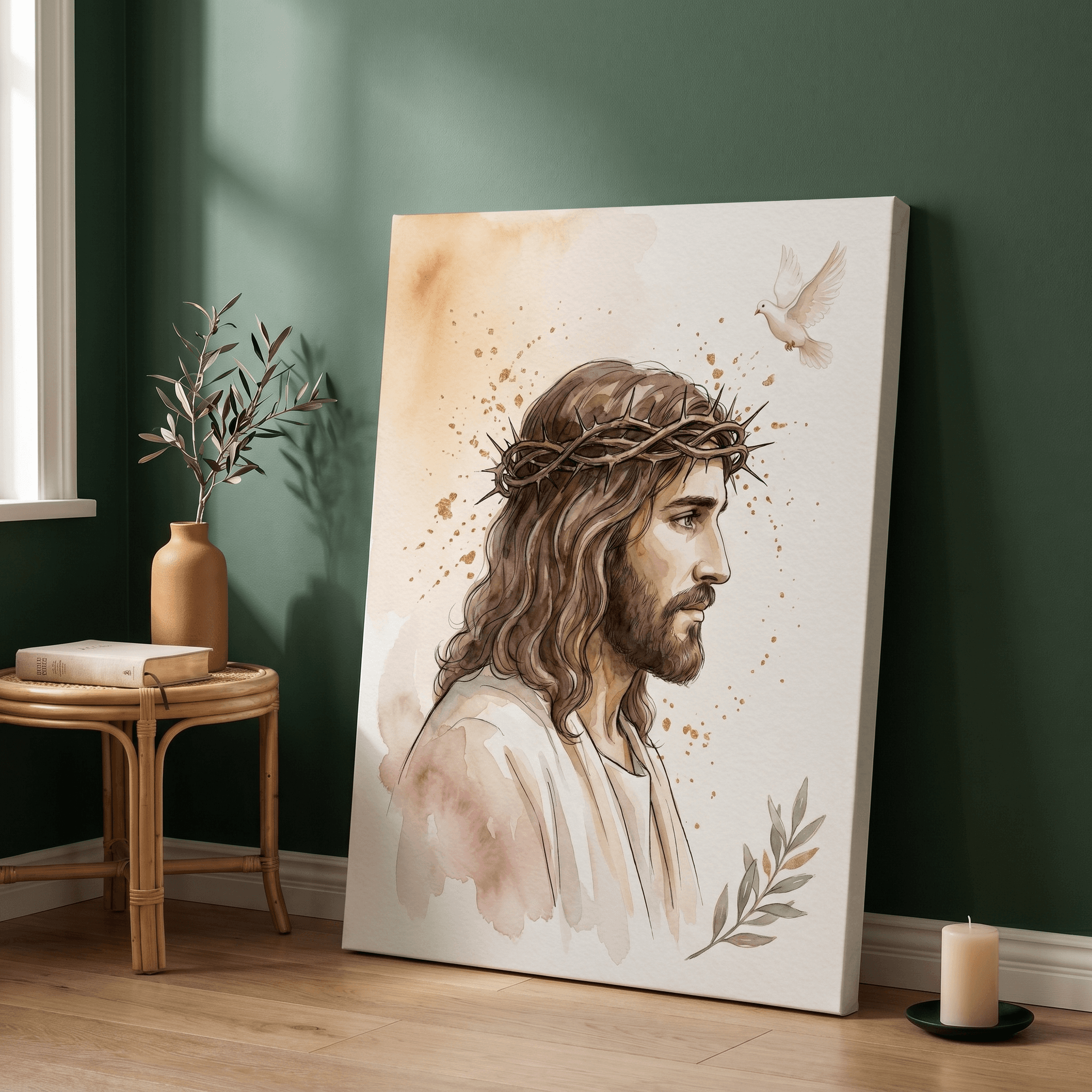 Jesus Watercolor Portrait Canvas Wall Art | Gold Leaf Christian Print | Home Decor