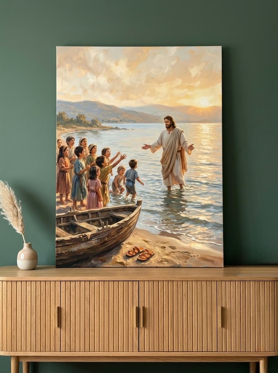 Jesus with Children Canvas Wall Art | Painterly Christian Framed Print | Nursery Faith Decor