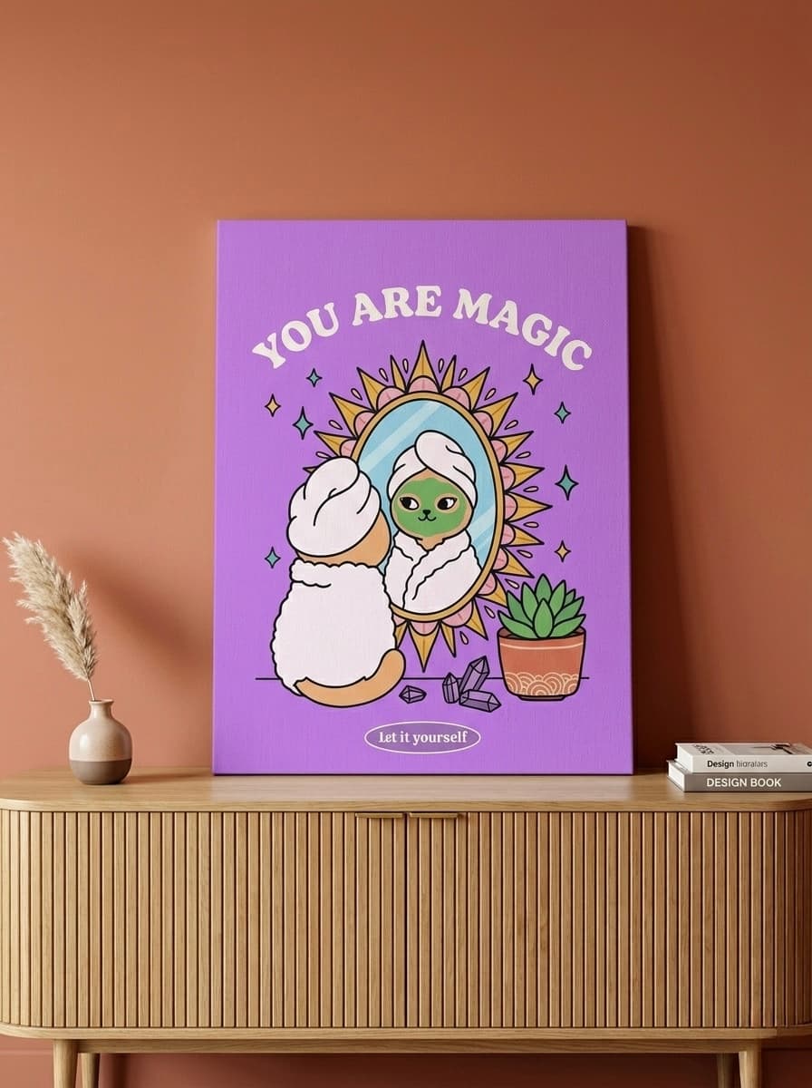 Kawaii Cat Self Care Canvas Print | You Are Magic Wall Art | Lavender Bedroom Decor | Cute Dorm Room Framed Canvas Art