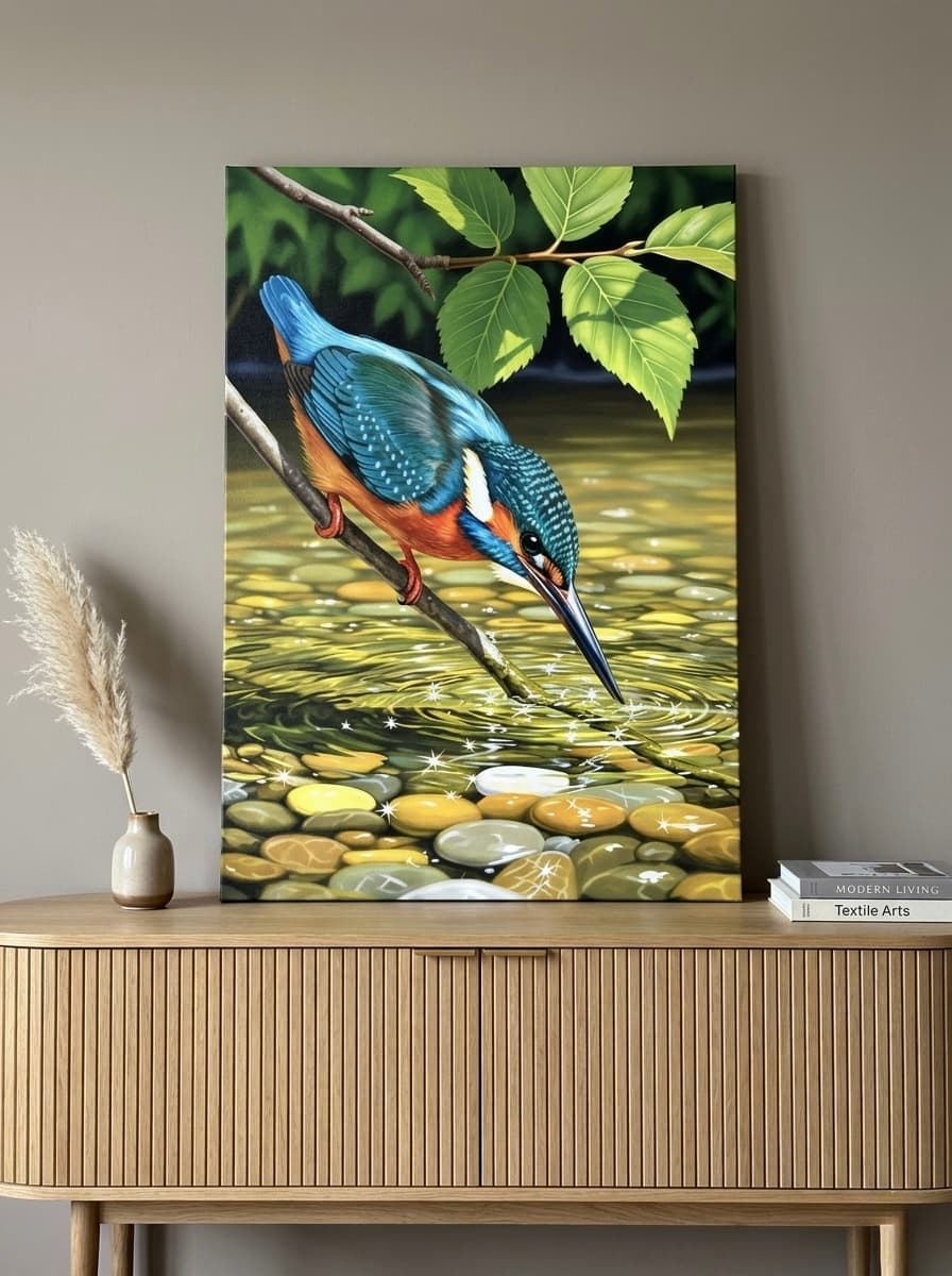 Kingfisher Canvas Wall Art | River Bird Painting Framed Print | Garden Room Nature Decor | Birdwatcher Gift