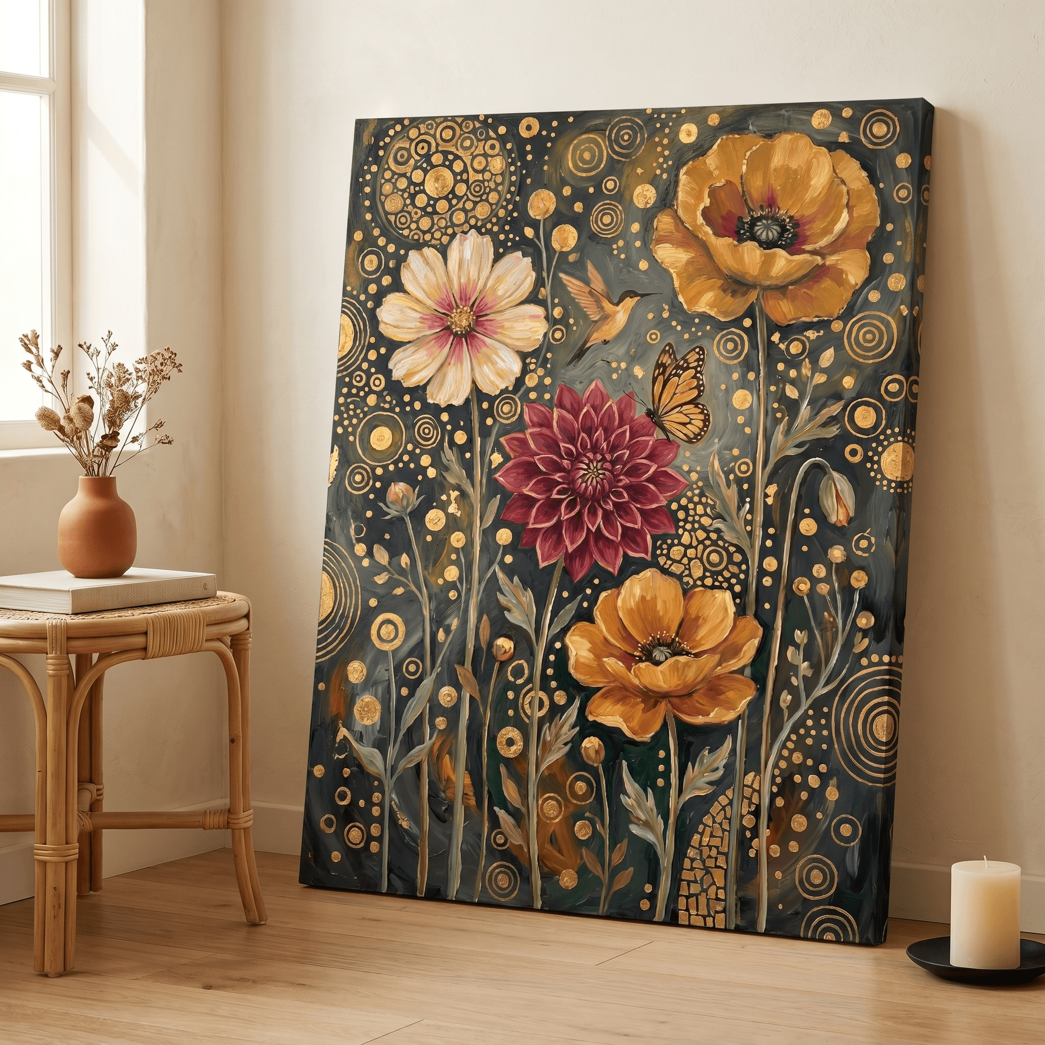 Klimt Inspired Floral Canvas Wall Art | Ornate Gold Leaf Print | Living Room Home Decor