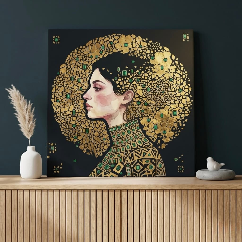 Klimt Inspired Woman Canvas Wall Art | Gold Mosaic Portrait Framed Print | Luxury Home Decor