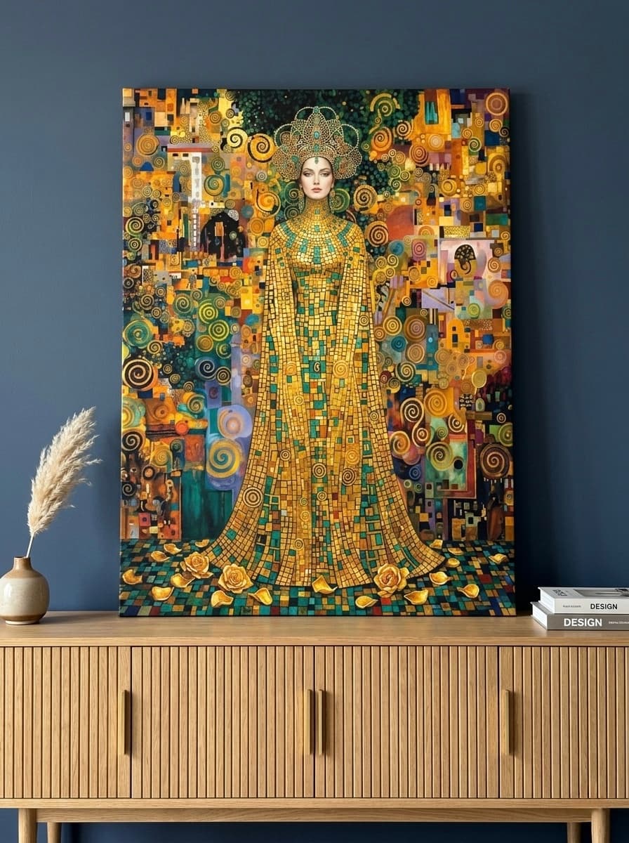 Klimt Mosaic Portrait Canvas Wall Art | Gold Jewel Luxury Decor | Art Nouveau Art Gift