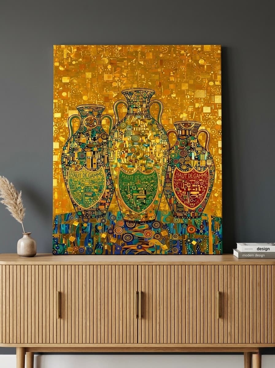 Klimt Urn Trio Canvas Wall Art | Gold Mosaic Jewel Tone Print | Art Nouveau Luxury Decor