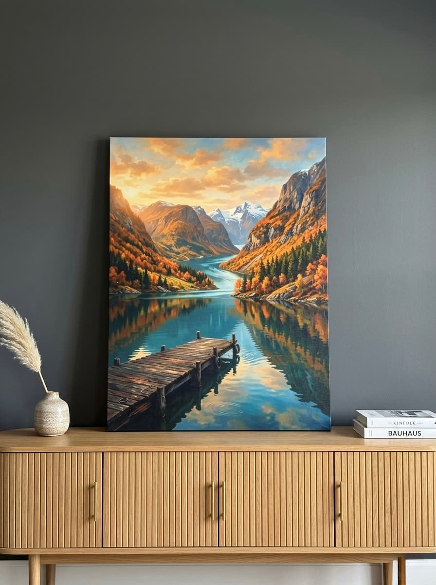 Landscape Canvas Wall Art | Norwegian Fjord Mountain Painting | Framed Canvas Print, Ready to Hang