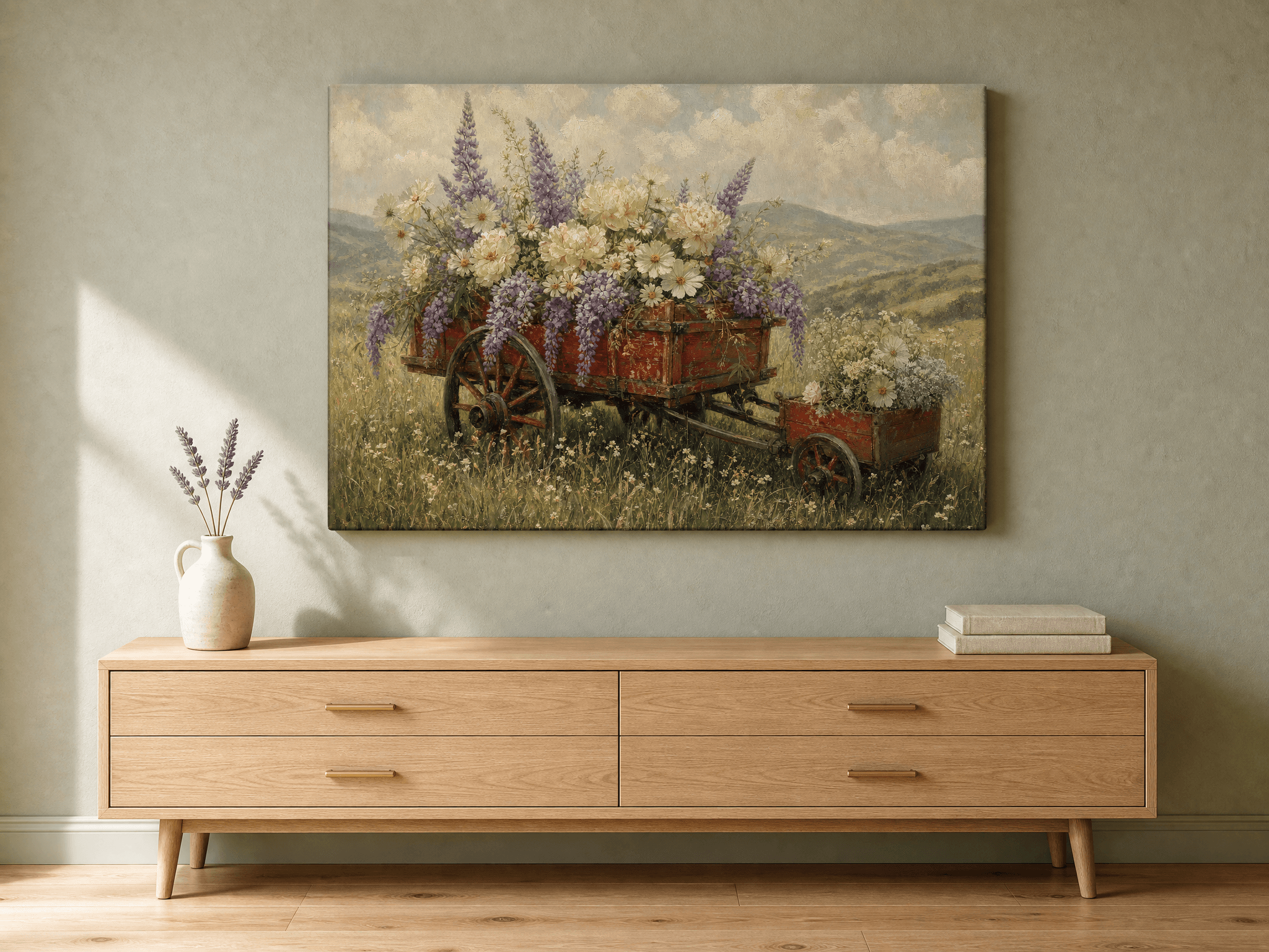 Lavender Flower Cart Canvas Wall Art | Romantic Pastoral Print | Living Room Home Decor