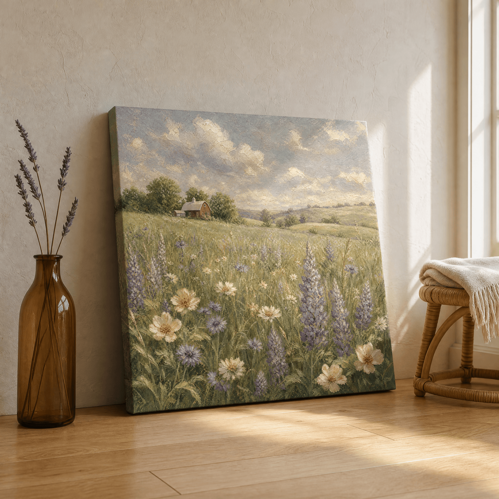 Lavender Meadow Red Barn Canvas Wall Art | Vintage Pastoral Print | Living Room Home Decor