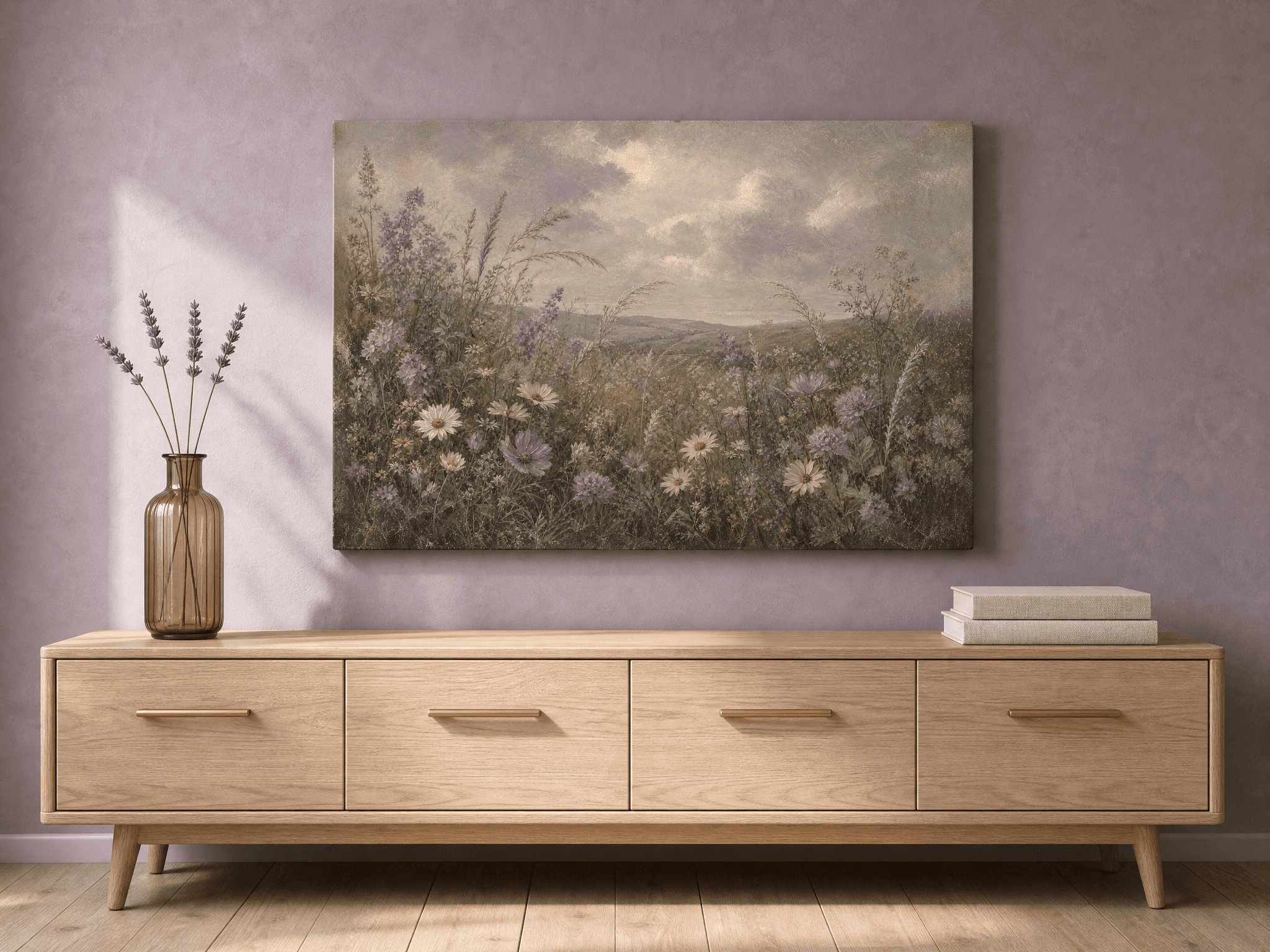Lavender Wildflower Meadow Canvas Wall Art | Vintage Moody Pastoral Print | Living Room Home Decor