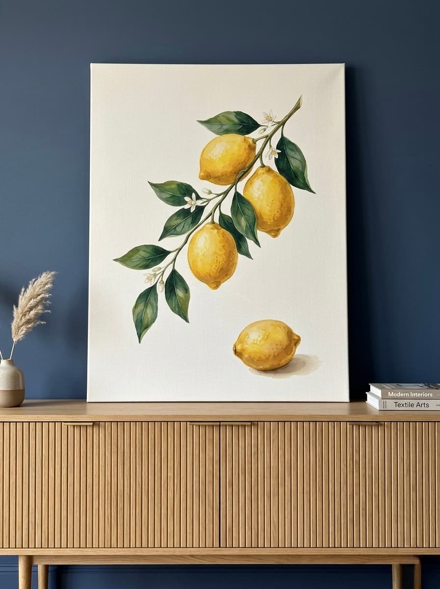 Lemon Branch Canvas Wall Art | Botanical Kitchen Print | Mediterranean Dining Room Framed Decor