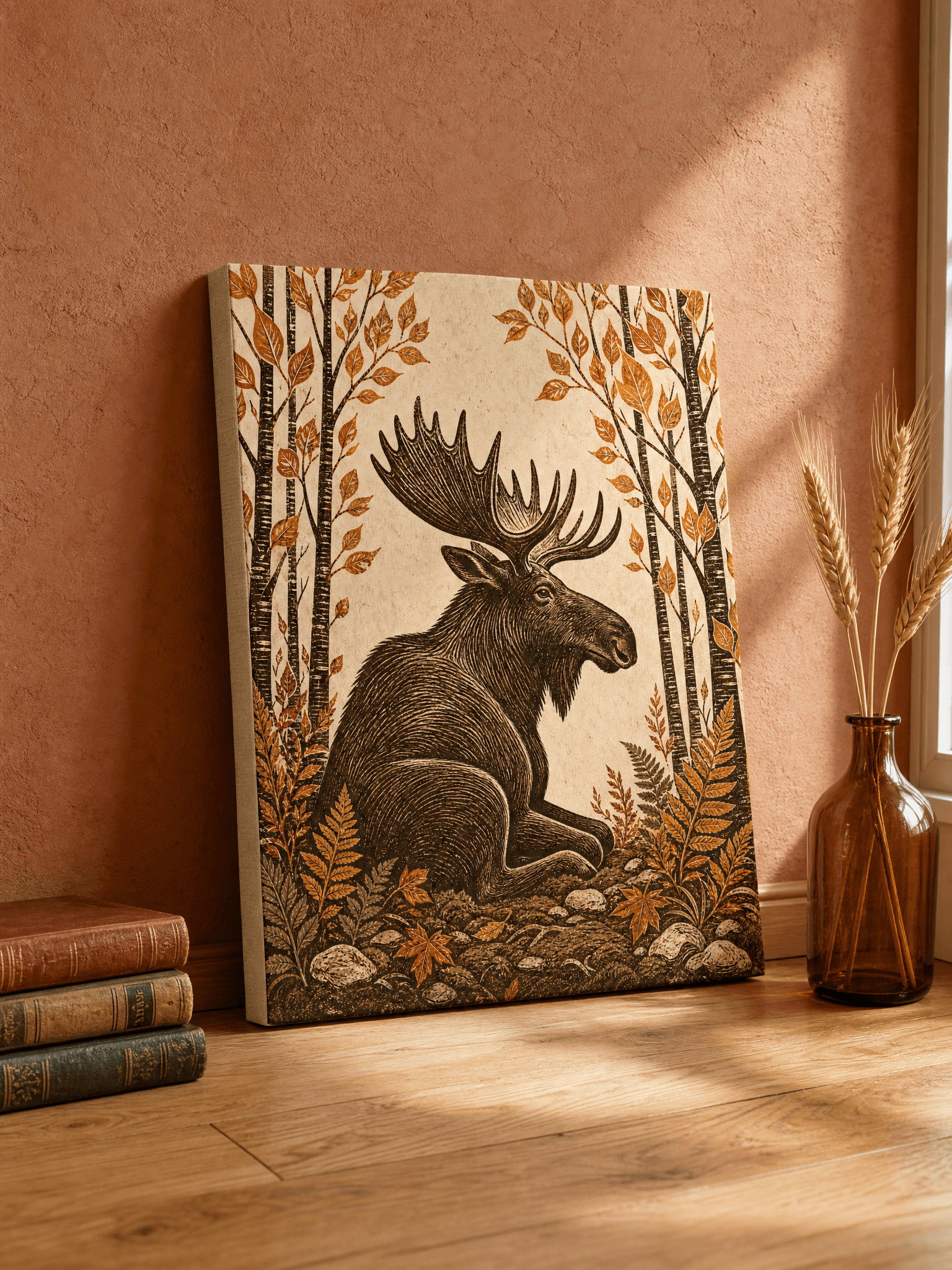 Vintage Linocut Moose Autumn Canvas Wall Art | Two Color Block Print | Cabin Home Decor