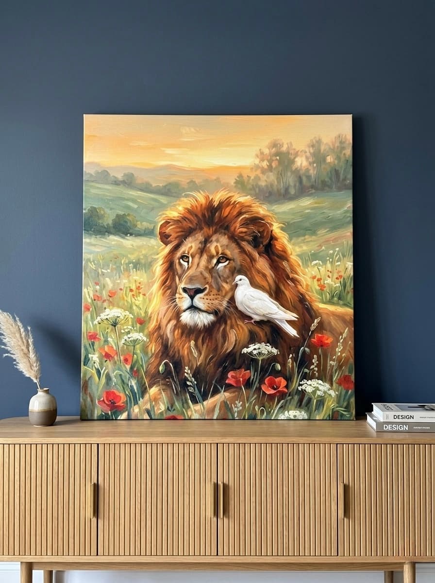 Lion and Dove Canvas Wall Art | Impressionist Christian Framed Print | Faith Peace Decor