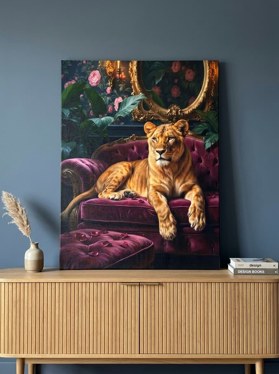 Lioness Canvas Wall Art | Baroque Animal Painting | Burgundy Gold Living Room Luxury Decor