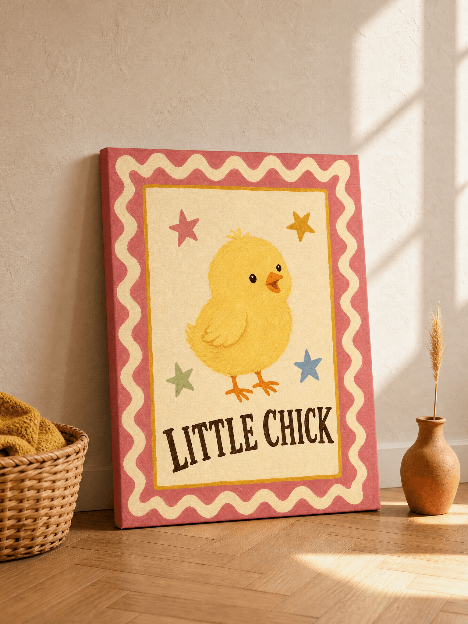 Little Chick Canvas Wall Art | Folk Art Nursery Print | Kids Room Home Decor