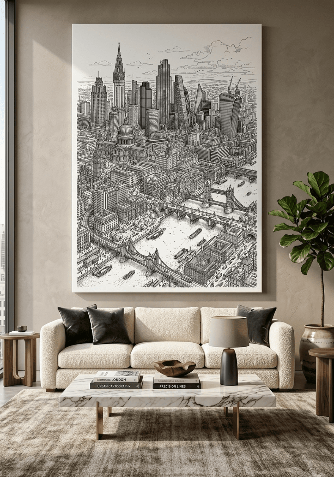 London City Skyline Canvas Wall Art | Detailed Illustration Framed Print | Living Room Home Decor