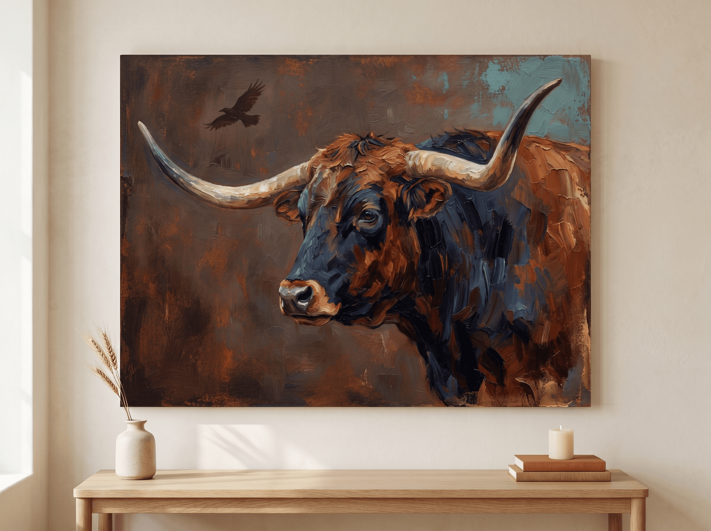 Longhorn Profile Rustic Canvas Wall Art | Impasto Aged Patina Print | Living Room Home Decor