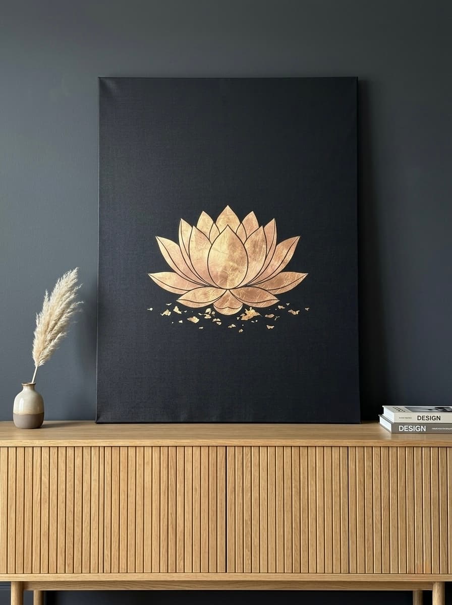 Lotus Flower Canvas Wall Art | Gold Leaf Black Minimalist Print | Bedroom Zen Decor Gift
