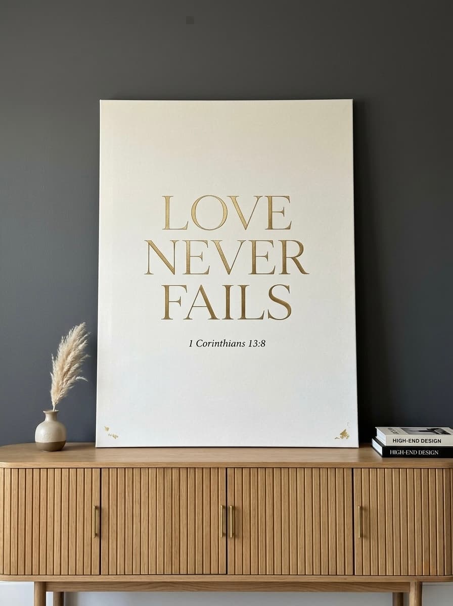 Love Never Fails 1 Corinthians 13 Canvas Wall Art | Modern Typography Framed Print | Bedroom Faith Home Decor