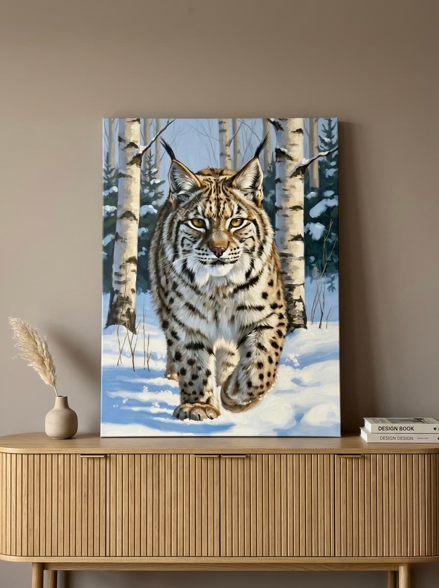 Lynx Canvas Wall Art | Winter Birch Forest Oil Painting Framed Print | Nordic Living Room Decor | Cat Lover Gift