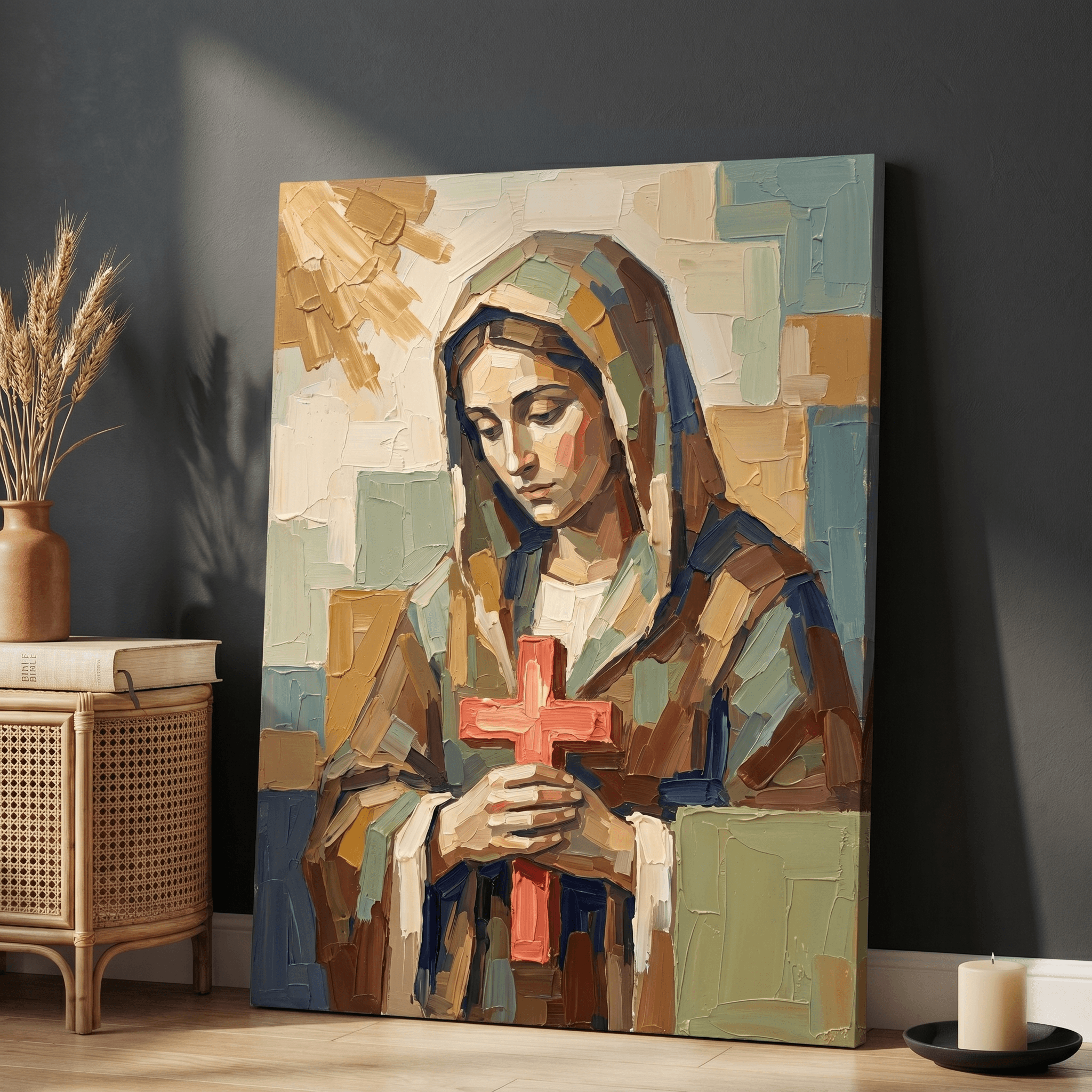 Saint Mary With Cross Canvas Wall Art | Cubist Palette Knife Christian Print | Home Decor