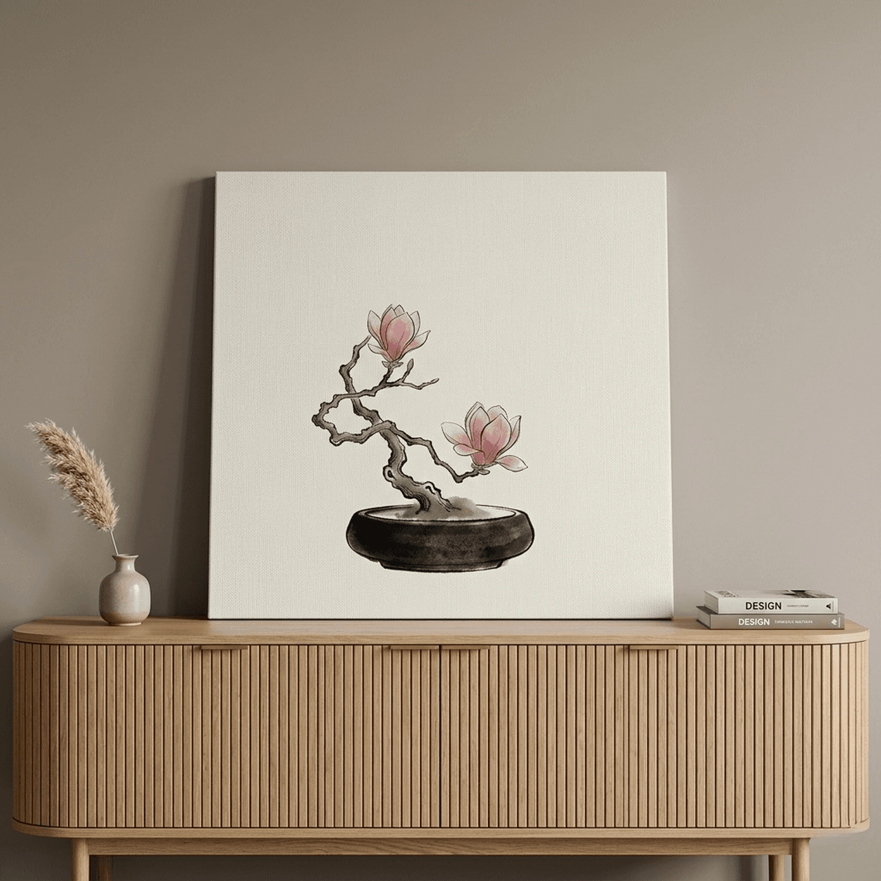 Magnolia Bonsai Canvas Wall Art | Japanese Watercolor Framed Print | Zen Home Decor